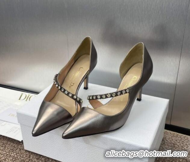 Luxurious Dior Metallic Leather Pumps 7cm with Strass Strap Grey 0220050