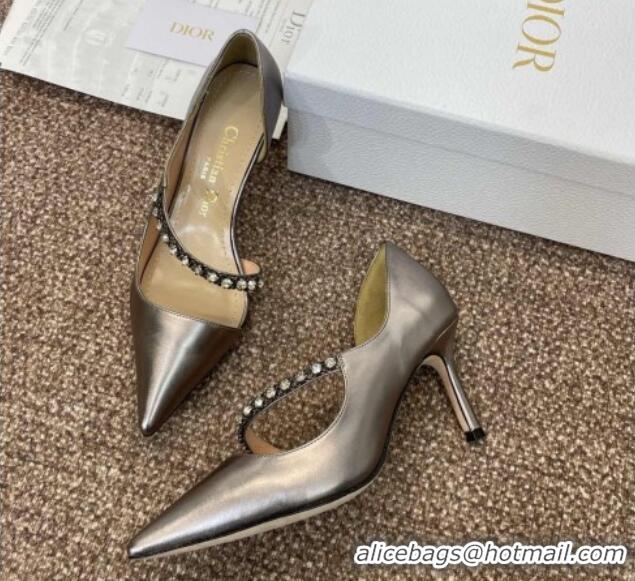 Luxurious Dior Metallic Leather Pumps 7cm with Strass Strap Grey 0220050