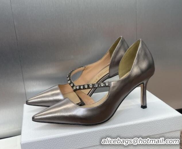 Luxurious Dior Metallic Leather Pumps 7cm with Strass Strap Grey 0220050