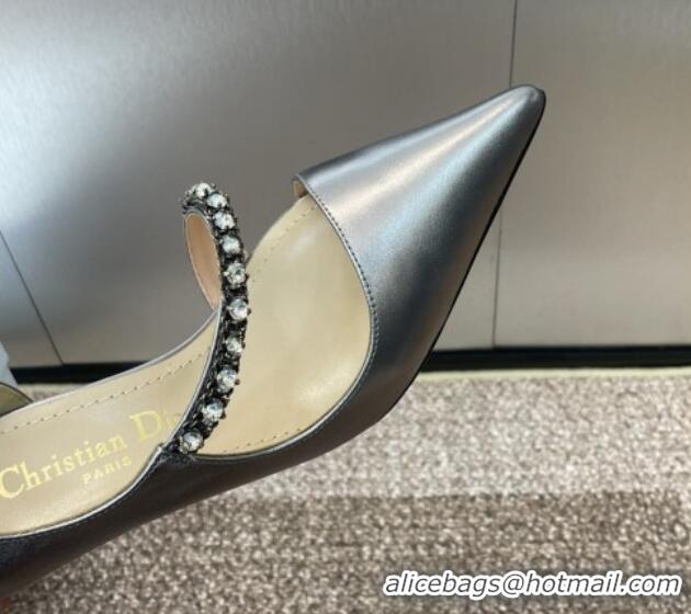 Luxurious Dior Metallic Leather Pumps 7cm with Strass Strap Grey 0220050