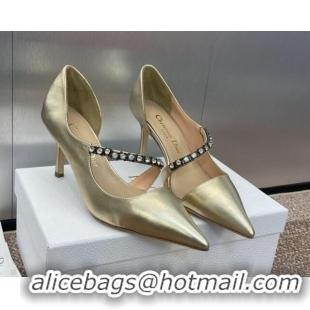 Good Looking Dior Metallic Leather Pumps 7cm with Strass Strap Gold 0220051