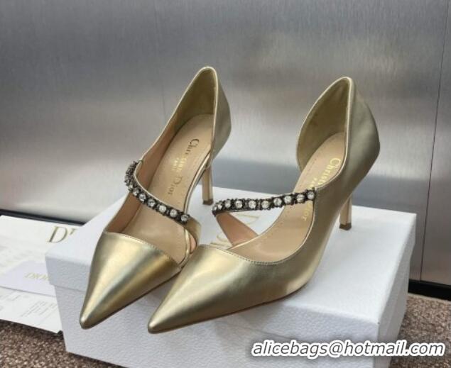 Good Looking Dior Metallic Leather Pumps 7cm with Strass Strap Gold 0220051