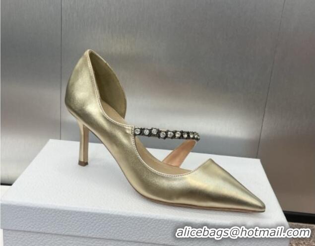 Good Looking Dior Metallic Leather Pumps 7cm with Strass Strap Gold 0220051