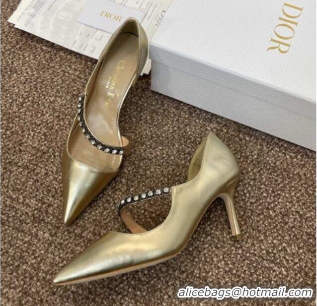 Good Looking Dior Metallic Leather Pumps 7cm with Strass Strap Gold 0220051