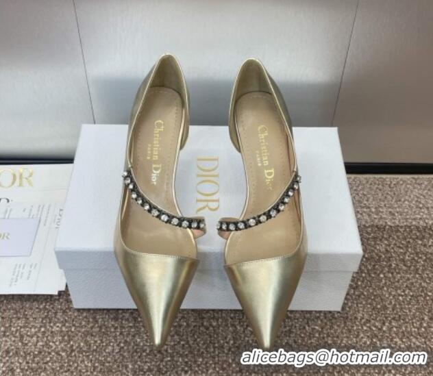 Good Looking Dior Metallic Leather Pumps 7cm with Strass Strap Gold 0220051