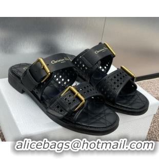 Sumptuous Dior D-Avenue Flat Buckle Slides Sandal in Calfskin with Openwork Microcannage Motif Black 0220055