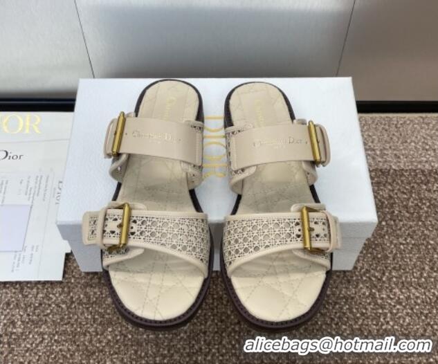 Luxury Cheap Dior D-Avenue Flat Buckle Slides Sandal in Calfskin with Openwork Microcannage Motif Beige 0220056