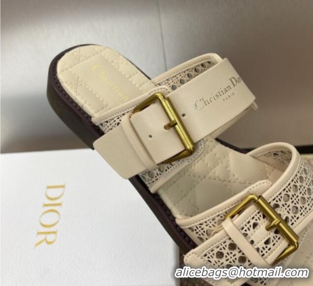 Luxury Cheap Dior D-Avenue Flat Buckle Slides Sandal in Calfskin with Openwork Microcannage Motif Beige 0220056