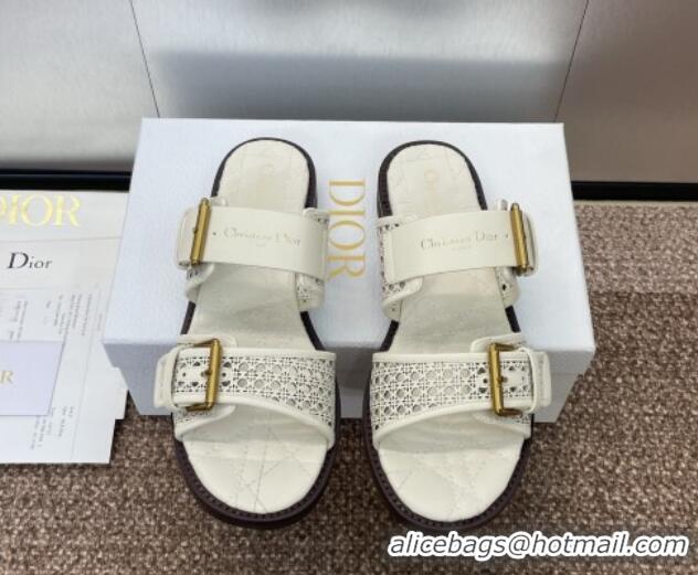 Hot Style Dior D-Avenue Flat Buckle Slides Sandal in Calfskin with Openwork Microcannage Motif White 0220058