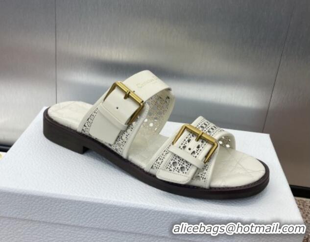 Hot Style Dior D-Avenue Flat Buckle Slides Sandal in Calfskin with Openwork Microcannage Motif White 0220058