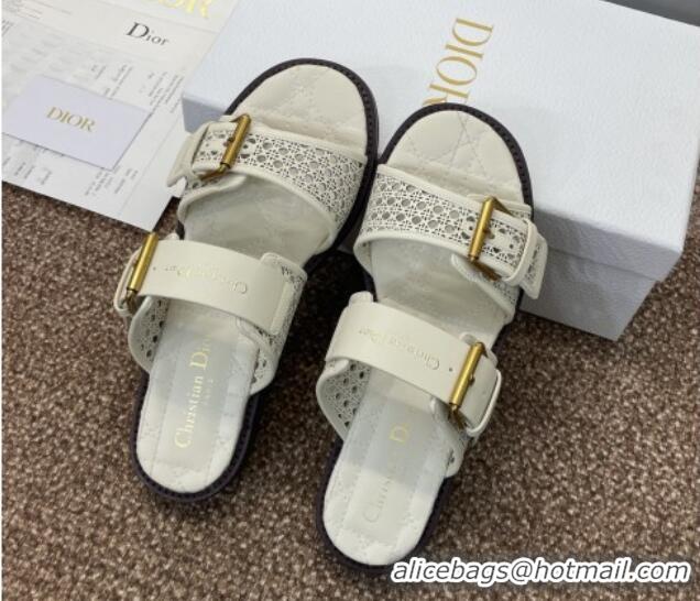 Hot Style Dior D-Avenue Flat Buckle Slides Sandal in Calfskin with Openwork Microcannage Motif White 0220058