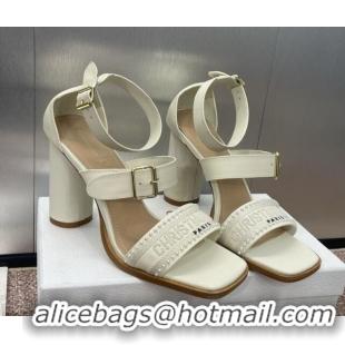 Popular Style Dior Dway Heeled Sandals 9.5cm in White Calfskin and Embroidered Cotton with Pearls 0220065