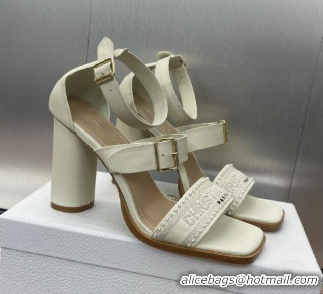 Popular Style Dior Dway Heeled Sandals 9.5cm in White Calfskin and Embroidered Cotton with Pearls 0220065