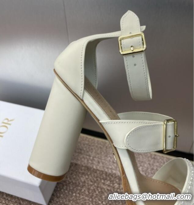 Popular Style Dior Dway Heeled Sandals 9.5cm in White Calfskin and Embroidered Cotton with Pearls 0220065