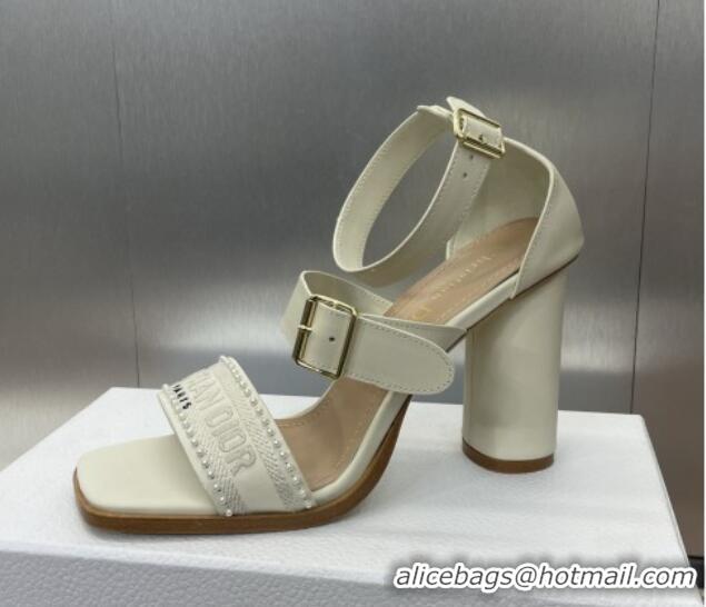 Popular Style Dior Dway Heeled Sandals 9.5cm in White Calfskin and Embroidered Cotton with Pearls 0220065