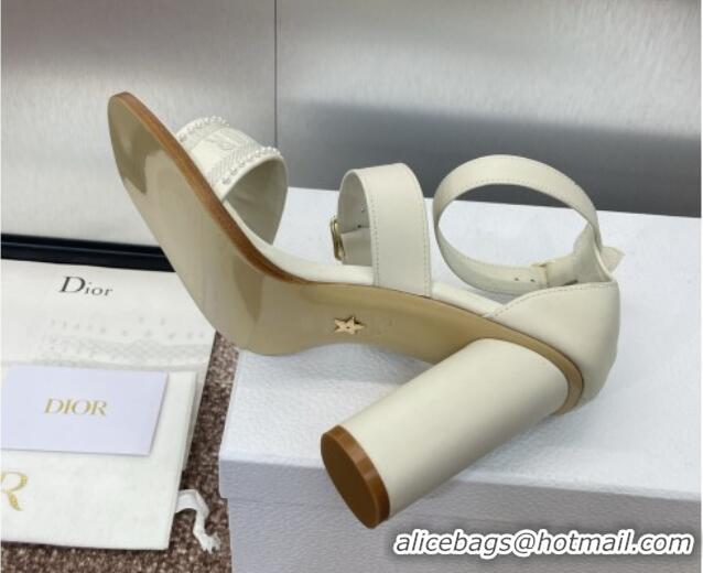 Popular Style Dior Dway Heeled Sandals 9.5cm in White Calfskin and Embroidered Cotton with Pearls 0220065