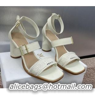 Good Quality Dior Dway Heeled Sandals 7.5cm in White Calfskin and Embroidered Cotton with Pearls 0220066