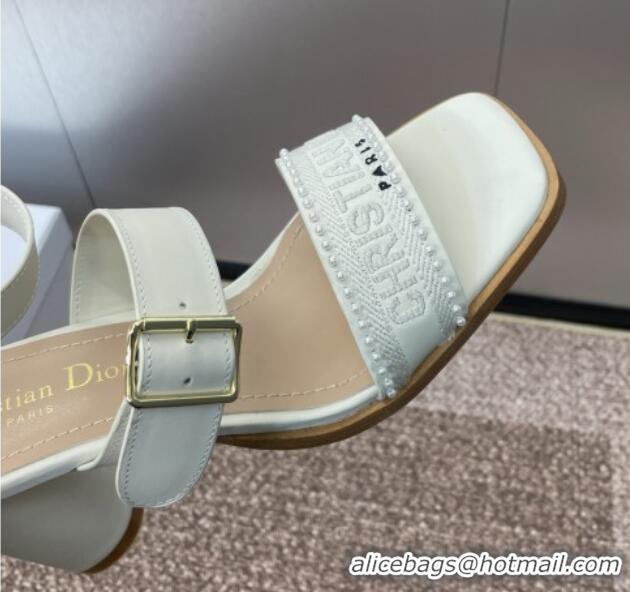 Good Quality Dior Dway Heeled Sandals 7.5cm in White Calfskin and Embroidered Cotton with Pearls 0220066