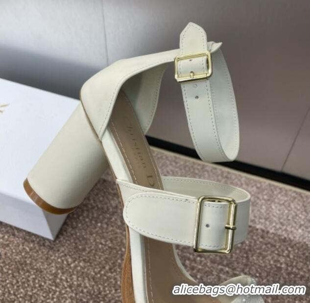 Good Quality Dior Dway Heeled Sandals 7.5cm in White Calfskin and Embroidered Cotton with Pearls 0220066