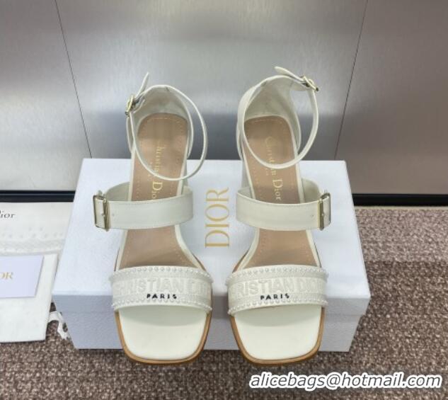 Good Quality Dior Dway Heeled Sandals 7.5cm in White Calfskin and Embroidered Cotton with Pearls 0220066