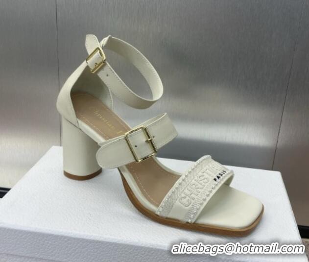 Good Quality Dior Dway Heeled Sandals 7.5cm in White Calfskin and Embroidered Cotton with Pearls 0220066