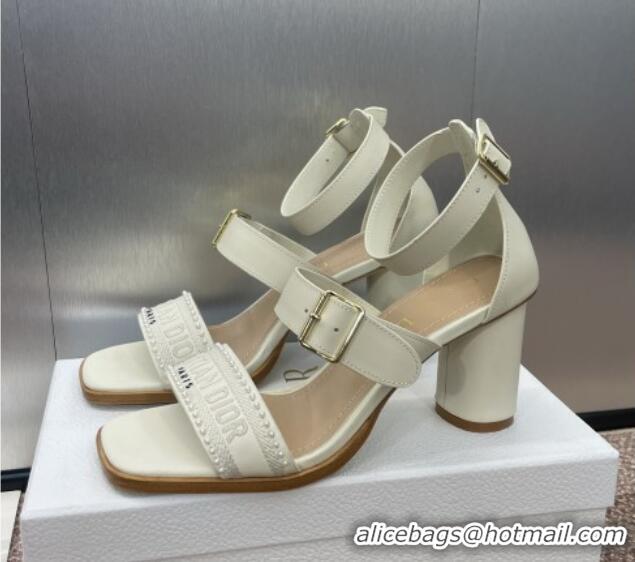 Good Quality Dior Dway Heeled Sandals 7.5cm in White Calfskin and Embroidered Cotton with Pearls 0220066