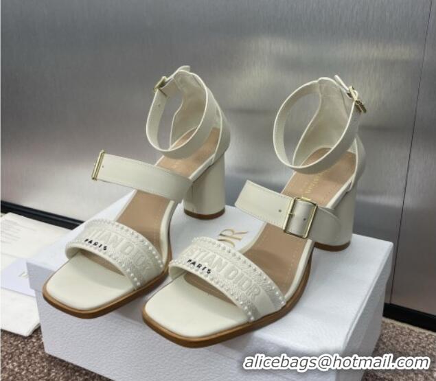 Good Quality Dior Dway Heeled Sandals 7.5cm in White Calfskin and Embroidered Cotton with Pearls 0220066