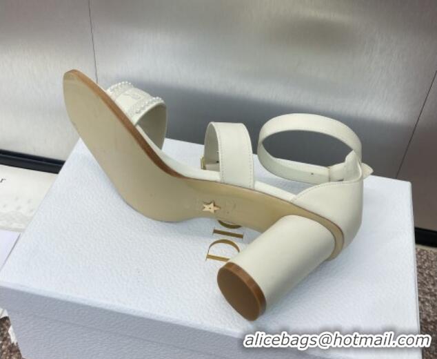 Good Quality Dior Dway Heeled Sandals 7.5cm in White Calfskin and Embroidered Cotton with Pearls 0220066