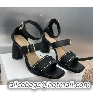 Luxury Dior Dway Heeled Sandals 7.5cm in Black Calfskin and Embroidered Cotton with Pearls 0220068