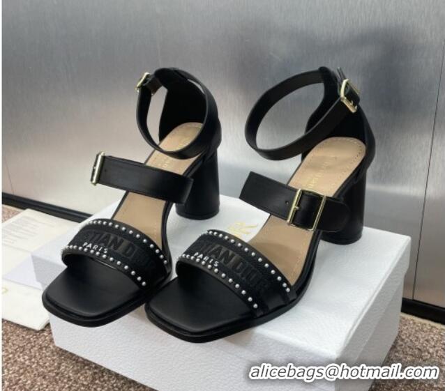 Luxury Dior Dway Heeled Sandals 7.5cm in Black Calfskin and Embroidered Cotton with Pearls 0220068