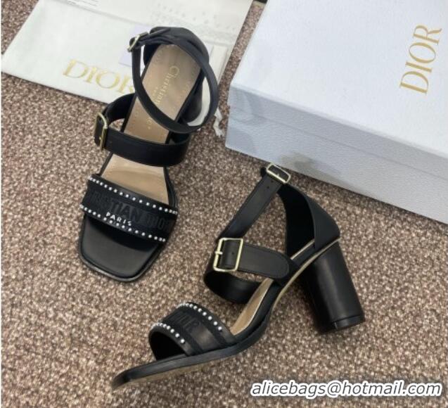 Luxury Dior Dway Heeled Sandals 7.5cm in Black Calfskin and Embroidered Cotton with Pearls 0220068