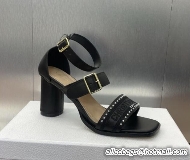 Luxury Dior Dway Heeled Sandals 7.5cm in Black Calfskin and Embroidered Cotton with Pearls 0220068