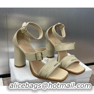 Unique Discount Dior Dway Heeled Sandals 9.5cm in Beige Calfskin and Embroidered Cotton with Pearls 0220069