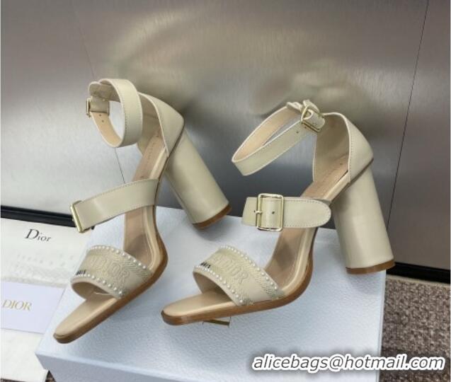 Unique Discount Dior Dway Heeled Sandals 9.5cm in Beige Calfskin and Embroidered Cotton with Pearls 0220069