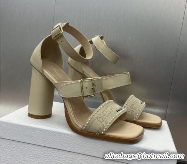 Unique Discount Dior Dway Heeled Sandals 9.5cm in Beige Calfskin and Embroidered Cotton with Pearls 0220069