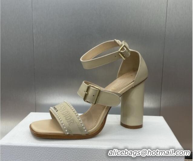 Unique Discount Dior Dway Heeled Sandals 9.5cm in Beige Calfskin and Embroidered Cotton with Pearls 0220069