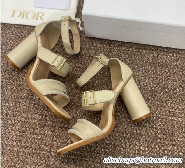 Unique Discount Dior Dway Heeled Sandals 9.5cm in Beige Calfskin and Embroidered Cotton with Pearls 0220069