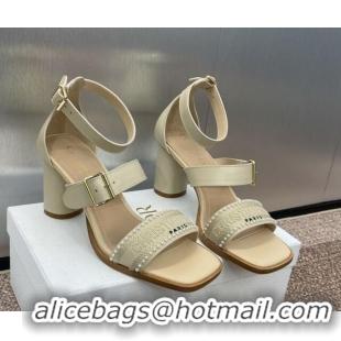 Stylish Dior Dway Heeled Sandals 7.5cm in Beige Calfskin and Embroidered Cotton with Pearls 0220070