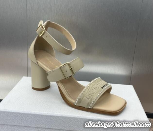 Stylish Dior Dway Heeled Sandals 7.5cm in Beige Calfskin and Embroidered Cotton with Pearls 0220070