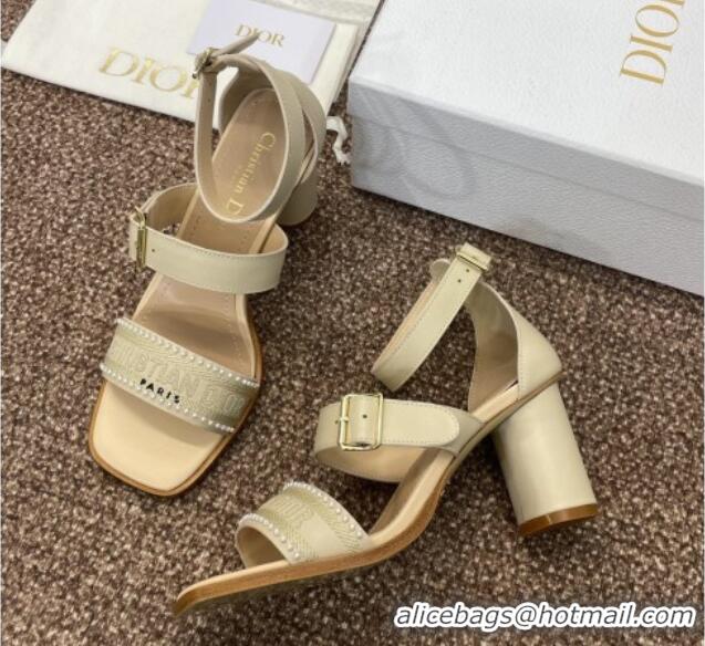 Stylish Dior Dway Heeled Sandals 7.5cm in Beige Calfskin and Embroidered Cotton with Pearls 0220070