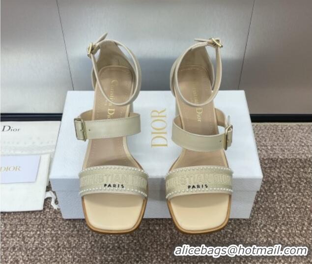 Stylish Dior Dway Heeled Sandals 7.5cm in Beige Calfskin and Embroidered Cotton with Pearls 0220070