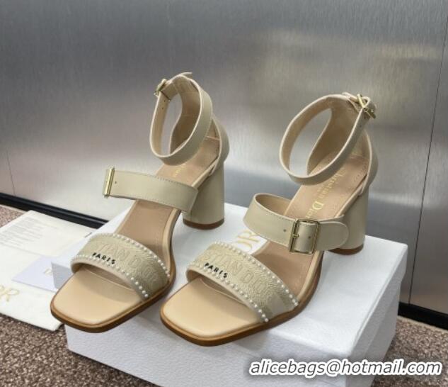 Stylish Dior Dway Heeled Sandals 7.5cm in Beige Calfskin and Embroidered Cotton with Pearls 0220070