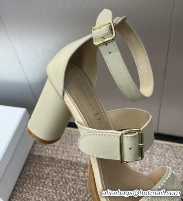 Stylish Dior Dway Heeled Sandals 7.5cm in Beige Calfskin and Embroidered Cotton with Pearls 0220070