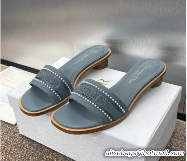 Grade Dior Dway Heeled Slides Sandal 3cm in Calfskin and Embroidered Cotton with Pearls Blue 0220071