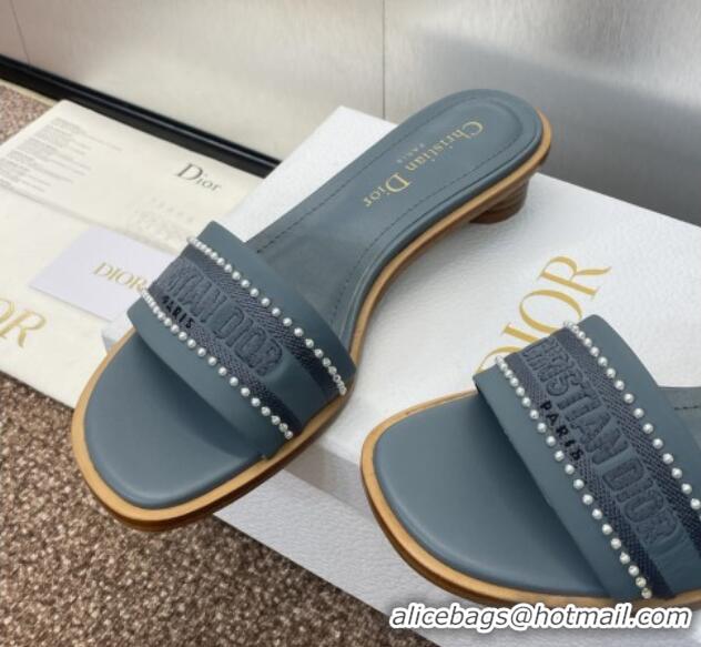 Grade Dior Dway Heeled Slides Sandal 3cm in Calfskin and Embroidered Cotton with Pearls Blue 0220071