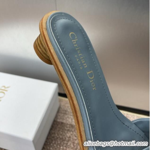 Grade Dior Dway Heeled Slides Sandal 3cm in Calfskin and Embroidered Cotton with Pearls Blue 0220071