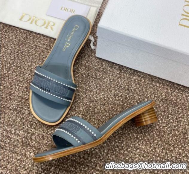 Grade Dior Dway Heeled Slides Sandal 3cm in Calfskin and Embroidered Cotton with Pearls Blue 0220071