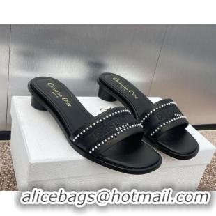 Perfect Dior Dway Heeled Slides Sandal 3cm in Calfskin and Embroidered Cotton with Pearls Black 0220072