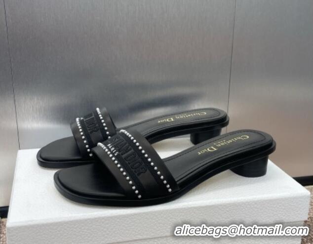 Perfect Dior Dway Heeled Slides Sandal 3cm in Calfskin and Embroidered Cotton with Pearls Black 0220072