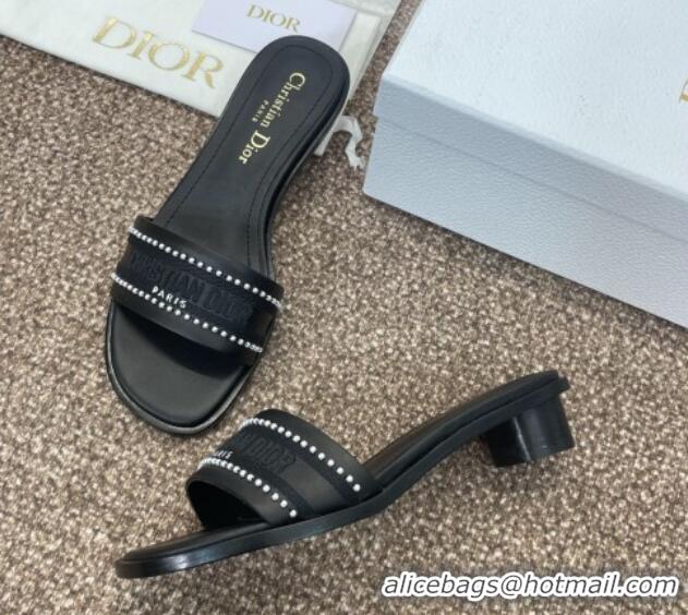 Perfect Dior Dway Heeled Slides Sandal 3cm in Calfskin and Embroidered Cotton with Pearls Black 0220072